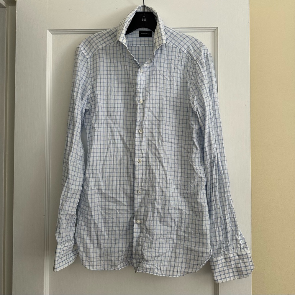 Ermenegildo Zegna Men's White and Blue Plaid Dress Shirt